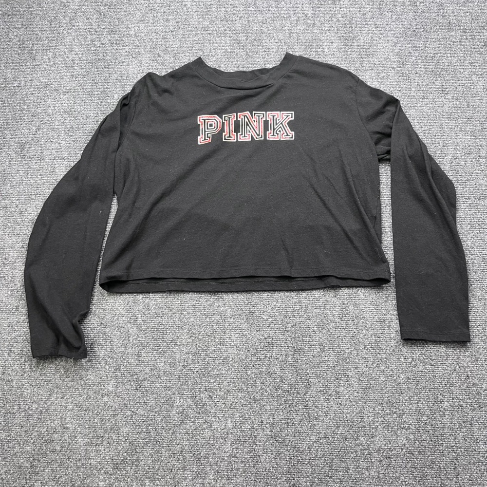 PINK Victoria's Secret Long Sleeve Graphic Plaid Black Crop Top Shirt